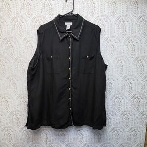 Avenue Sleeveless Shirt Womens 26/28 Black Linen Blend Contrast Stitch Pockets